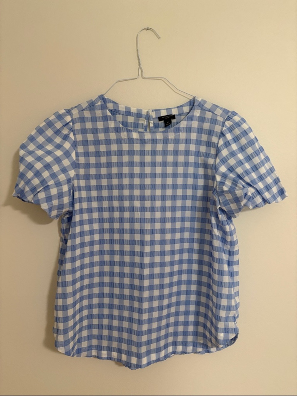 Ann Taylor Blue and White Gingham Short Sleeve Blouse